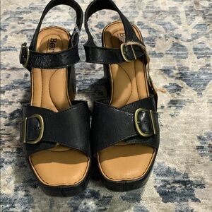 Born Black and Tan Slingback Sandals with Gold Buckles